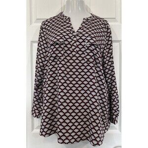 Norm Thompson Blue & Red Geometric Print Stretch Blouse Tunic Top Plus Size 1X